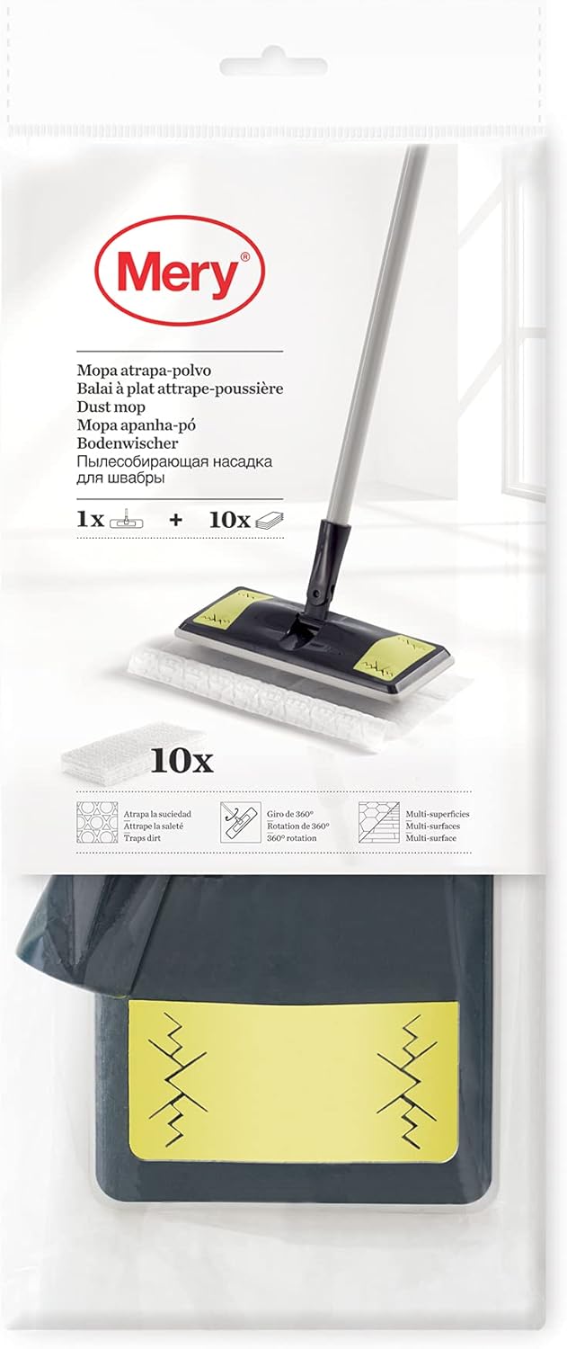 MERY Mopa para Pó com Cabeça Giratória 360° + 10 Panos Refil – Cinza e Lima