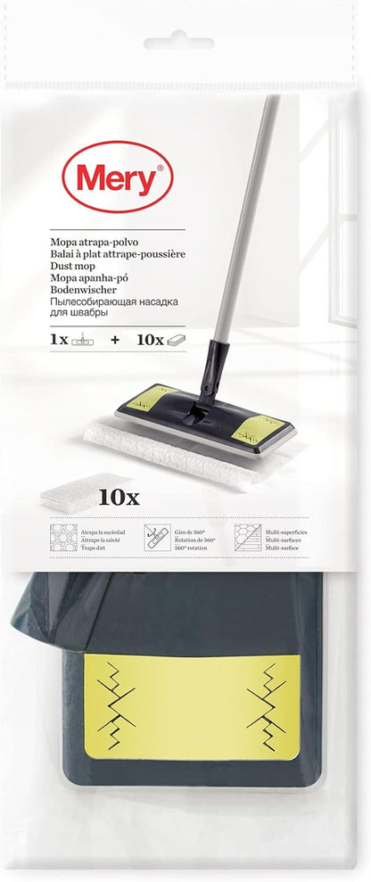 MERY Mopa para Pó com Cabeça Giratória 360° + 10 Panos Refil – Cinza e Lima